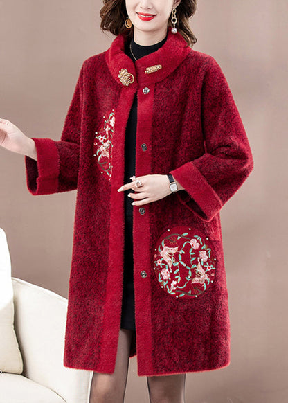 Mulberry Embroidered Long Mink Velvet Woolen Coats Spring