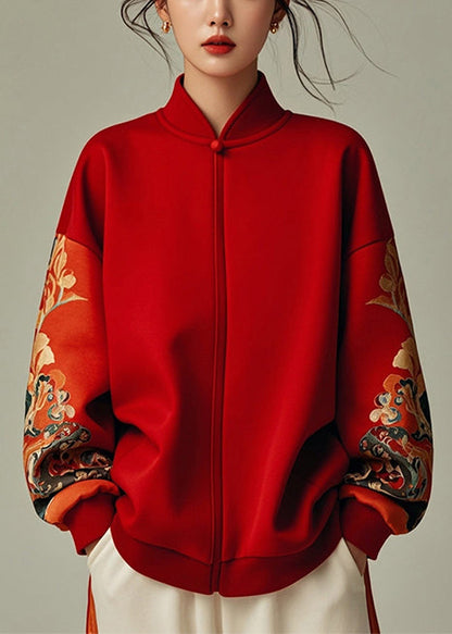 Red Stand Collar Patchwork Cotton Sweatshirt Spring