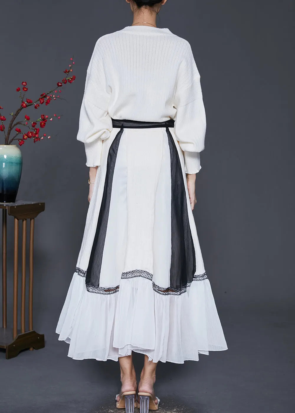 Style White V Neck Patchwork Knit Sweater and Skirt Two Pieces Set Spring
