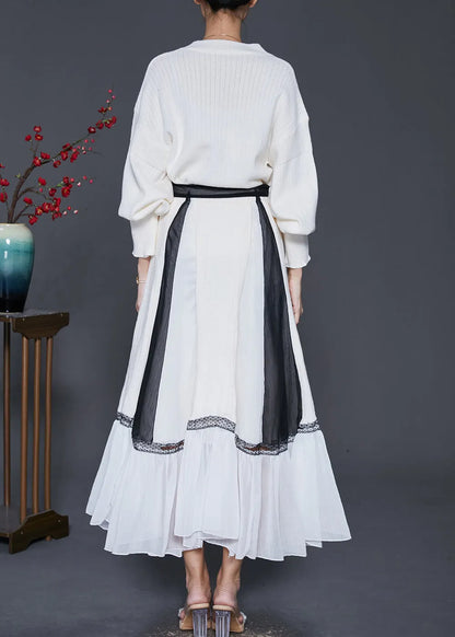Style White V Neck Patchwork Knit Sweater and Skirt Two Pieces Set Spring