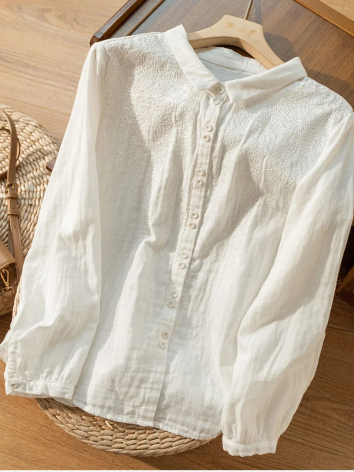 Embroidered Long Sleeve Linen Shirt Top