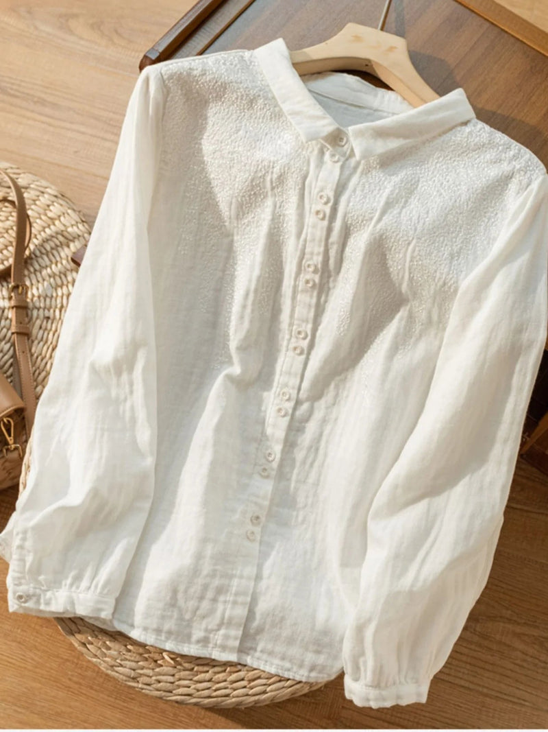 Embroidered Long Sleeve Linen Shirt Top