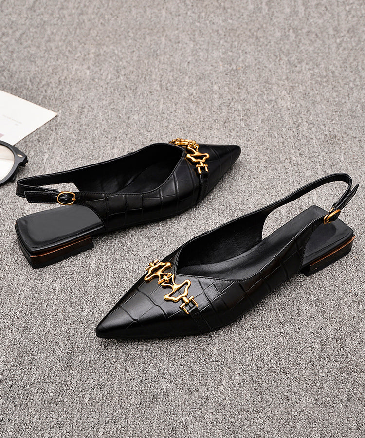 Sequined Splicing Sandals Black Cowhide Leather Pointed Toe