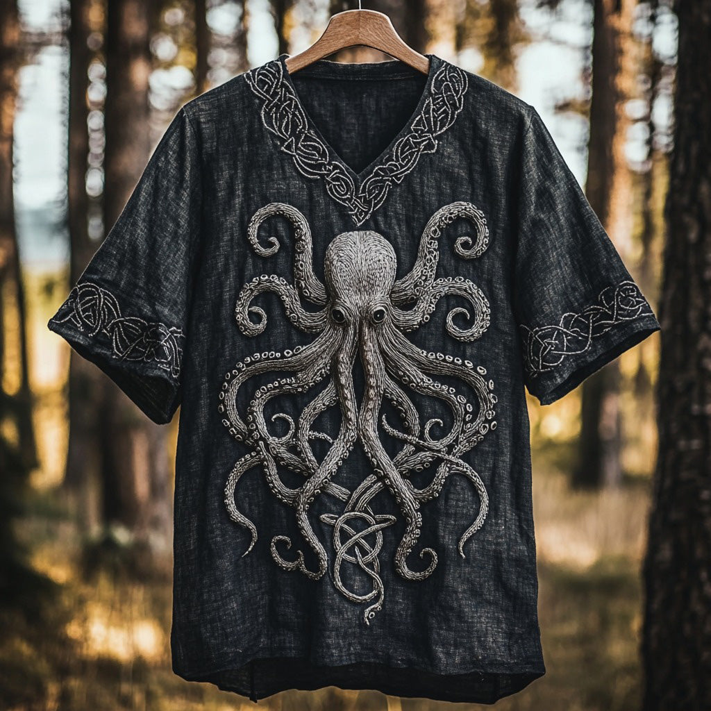 Retro Viking Crusoe Octopus Art Linen V-neck T-shirt elevenforest