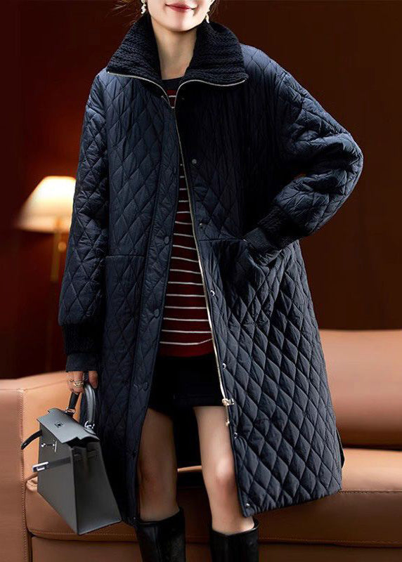 Black Zip Up Pockets Cotton Filled Coats Long Sleeve