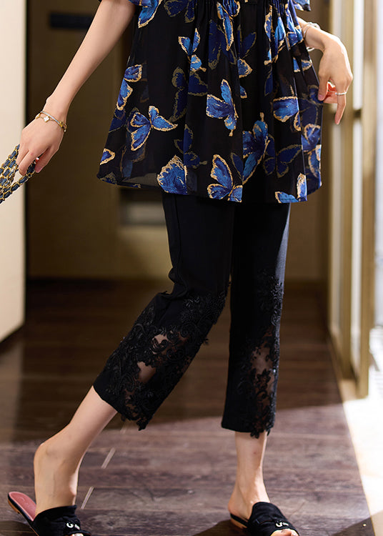 Black Embroidered Elastic Waist Cotton Crop Pants Summer