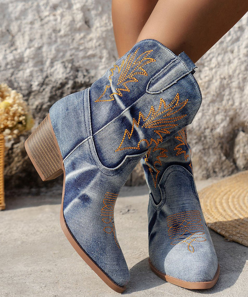 Art Blue Embossed Boots Splicing Chunky Cowboy Boots