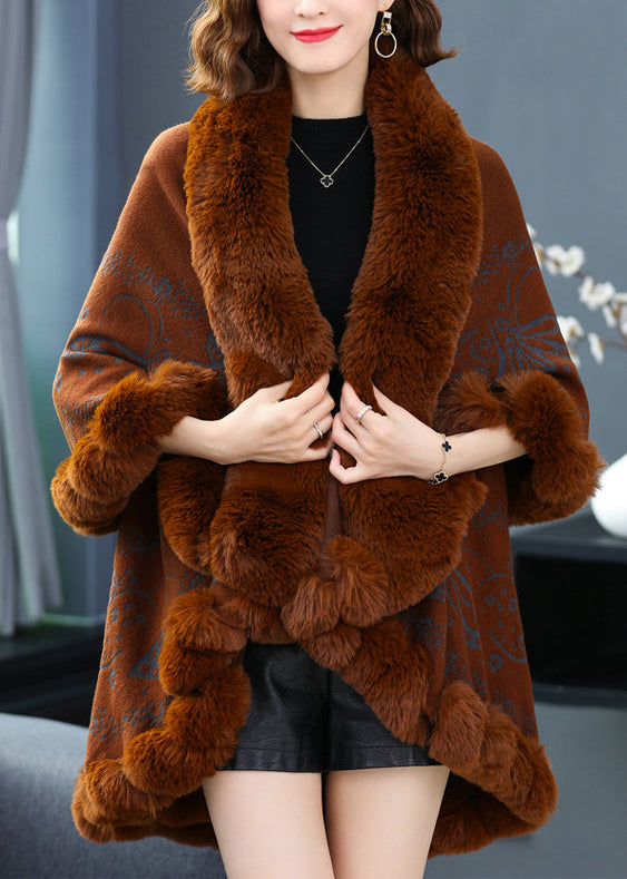 Organic Caramel V Neck Print Low High Design Patchwork Woolencoats Fall