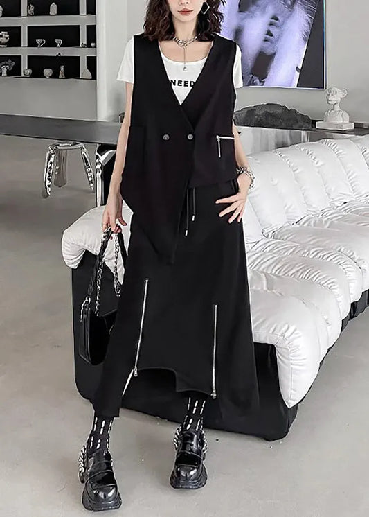 Unique Black Asymmetrical Patchwork Waistcoat and Skirts Cotton Two Pieces Set Sleeveless