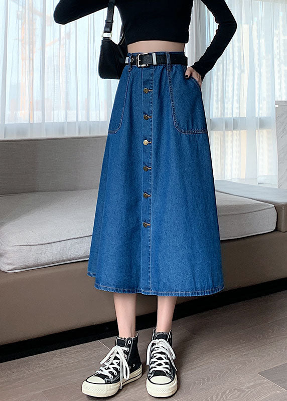 Navy Elastic Waist Button Exra Large Hem Cotton Denim Skirt Summer