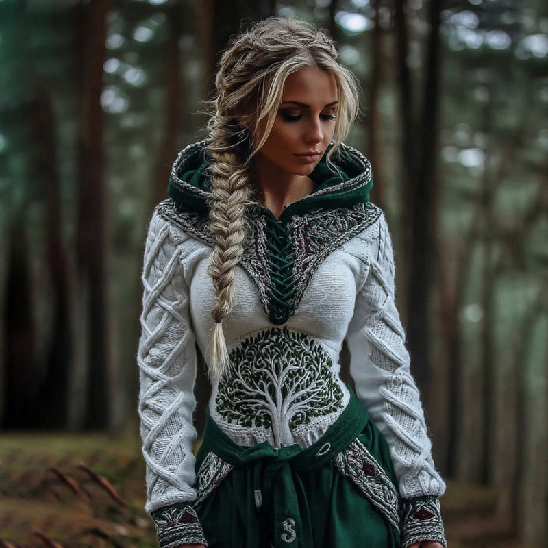 Women's Vintage Tree Of Life Knit Casual Hooded Sweater elevenforest
