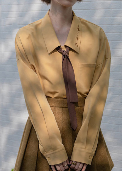 Yellow Embroidered Button Patchwork Cotton Shirt Fall