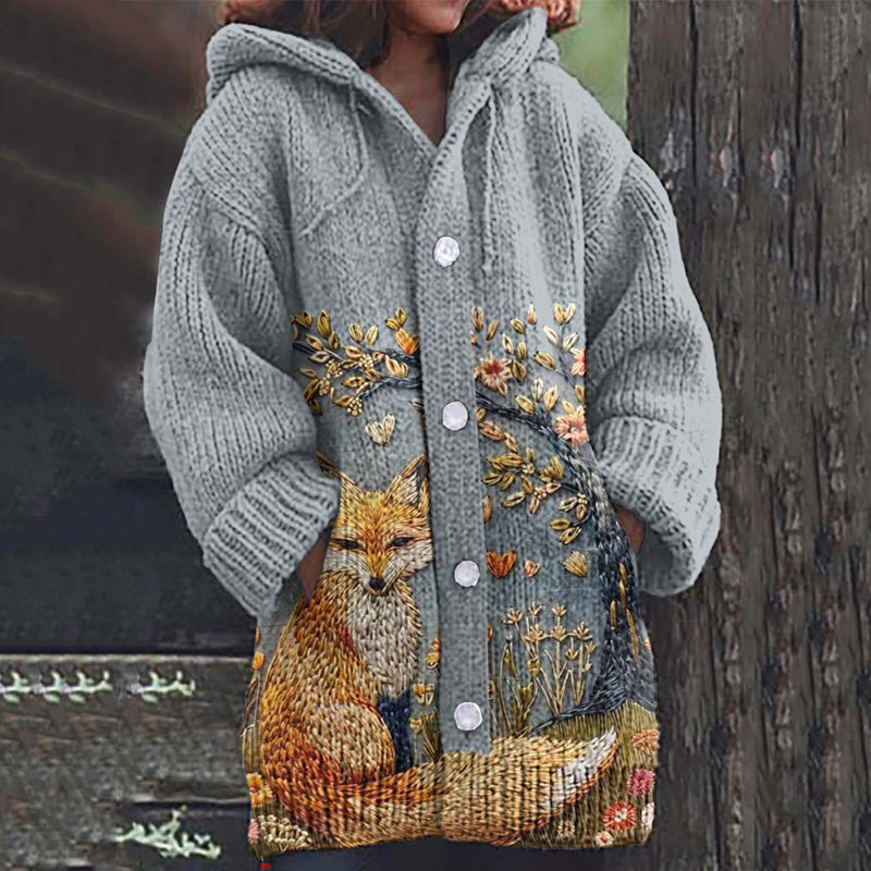 Vintage Cute Fox Floral Art Button Down Sweater artswardrobe