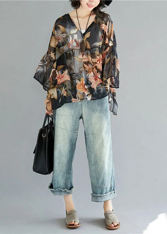 Simple Black V Neck Print Patchwork Asymmetrical Design Fall Shirt Half Sleeve