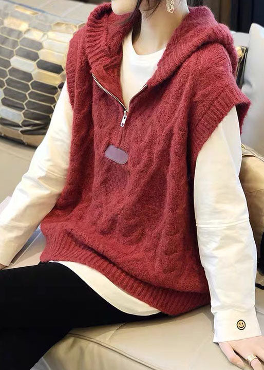 Organic Red Hooded Zippered Fall Knit Vest