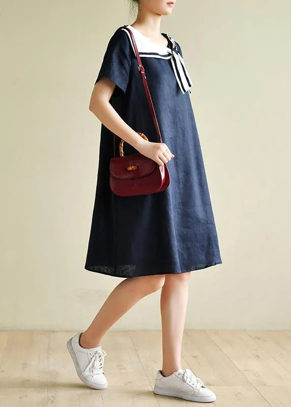Navy Style Collar Short Sleeve Mid-length Dress