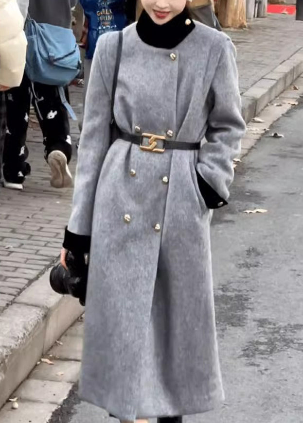 Grey Double Breast Sashes Woolen Long Coats Spring