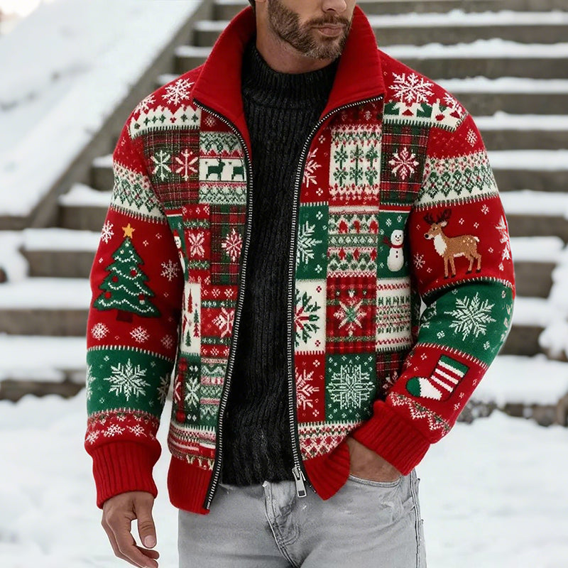 Comstylish Men's Vintage Christmas Abstract Art Knitted Jacquard Full-zip Sweater
