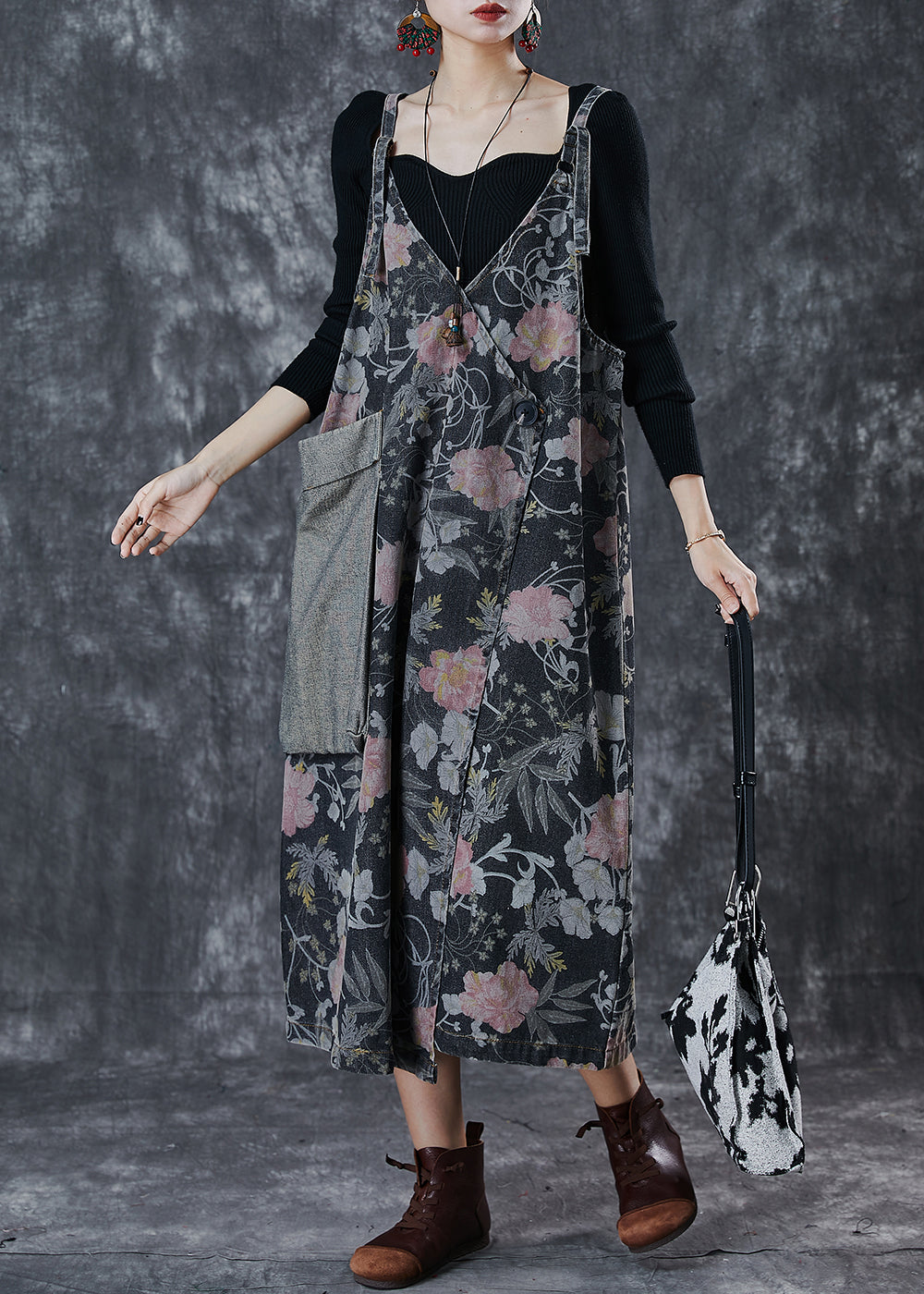 Black Print Patchwork Pocket Denim Cami Dress Spring
