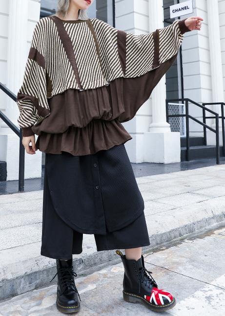 Oversized Chocolate Striped Box Top Clothing O Neck Ruffles Patchwork Knit Sweat Tops