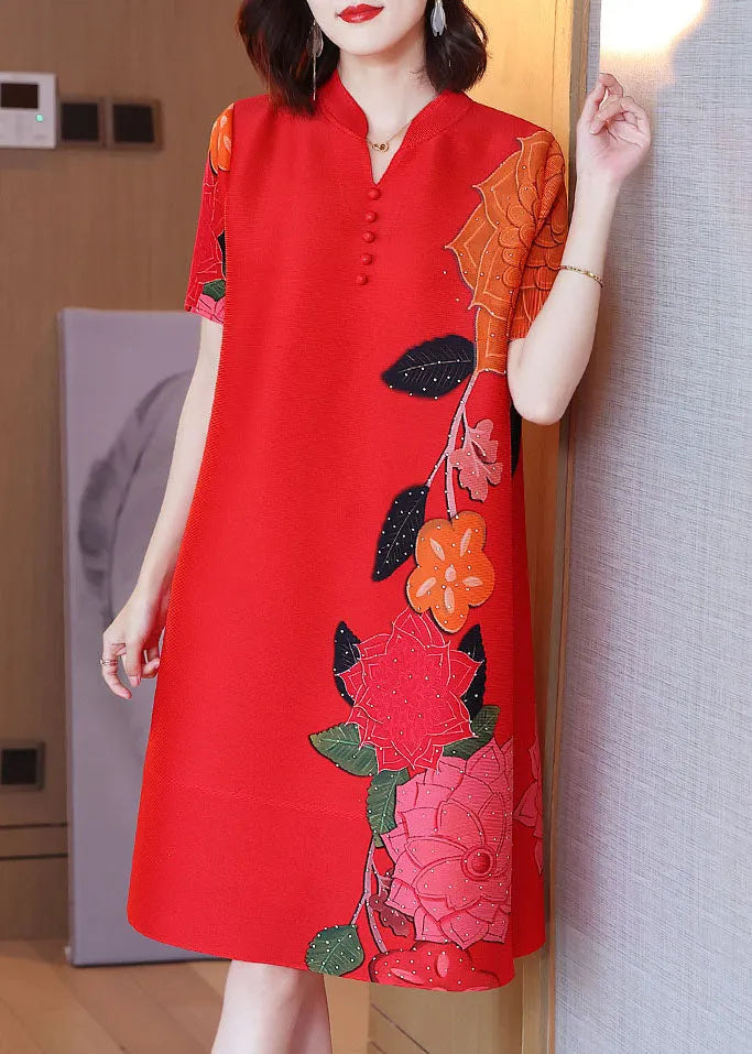 Red Stand Collar Button Print Wrinkled Silk a Line Dress Short Sleeve