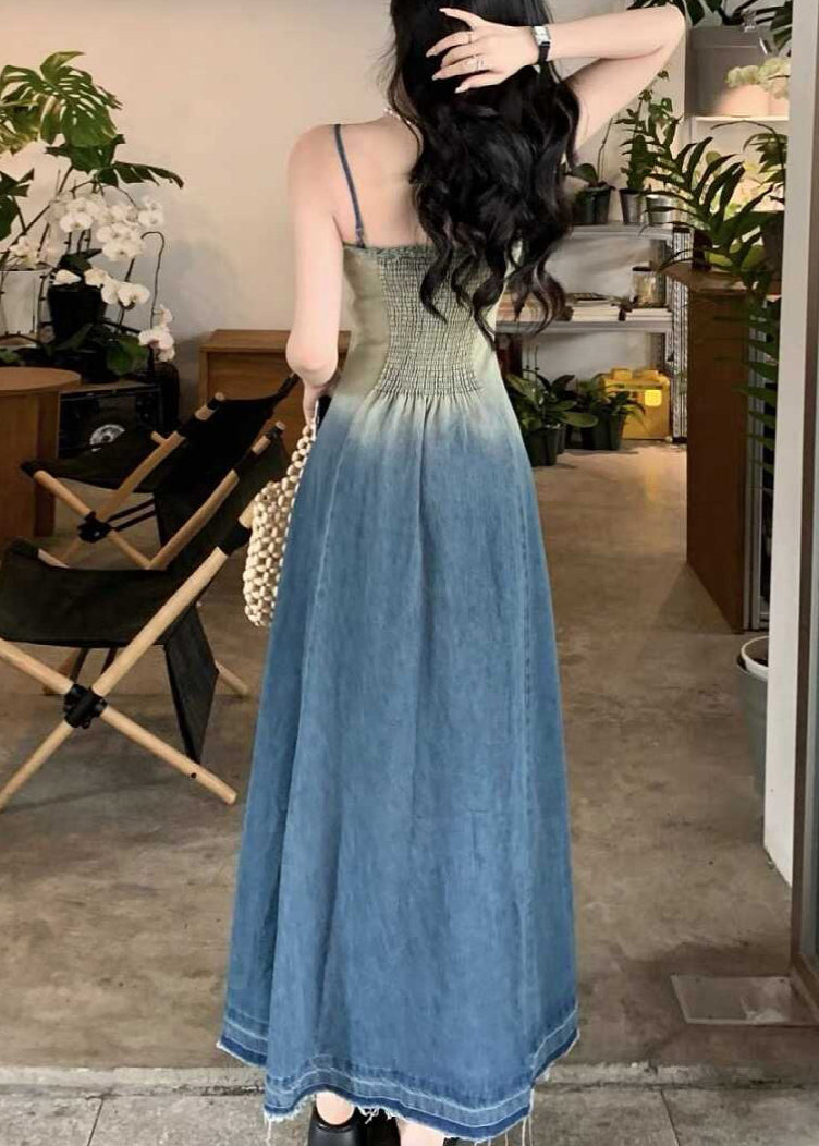 Gradient Color Original Design High Waist Denim Spaghetti Strap Dress Sleeveless