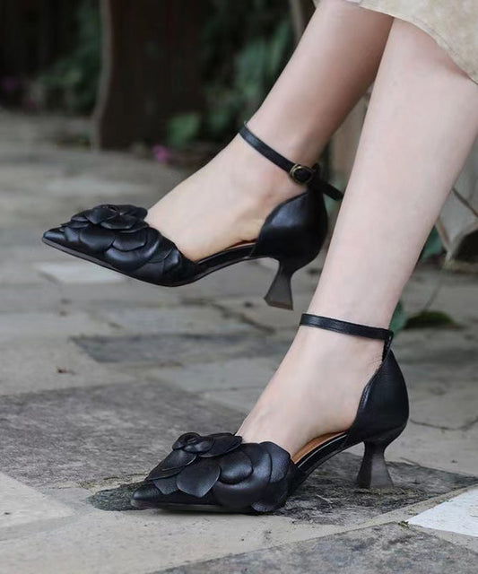 Boutique Black High Heel Cowhide Leather Sandals Buckle Strap