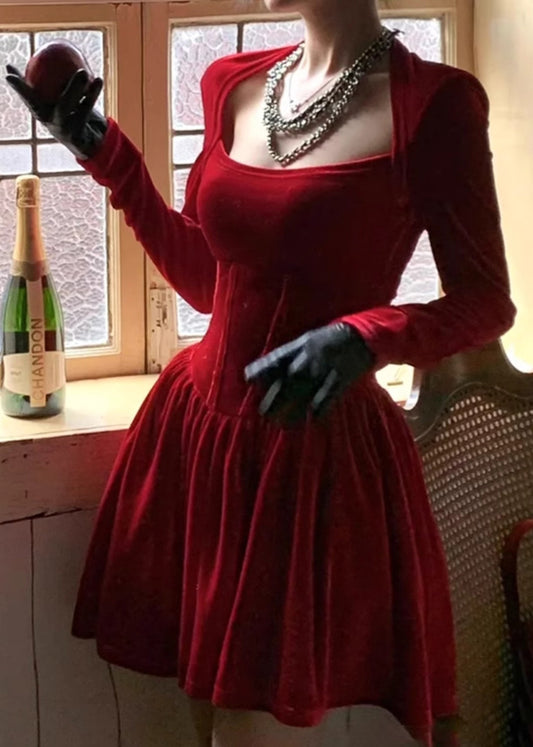 Red Square Collar Silk Velvet Mid Dress Spring