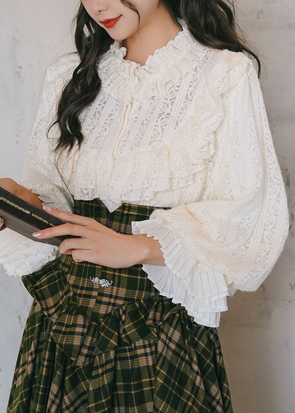 Apricot Ruffled Lace Shirt Lantern Sleeve