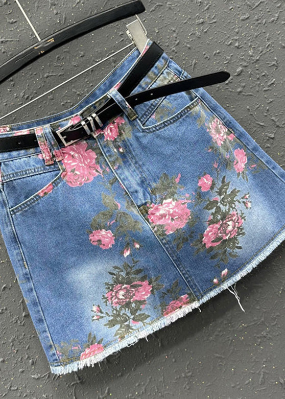 Blue Print High Waist Sashes Skirt Summer