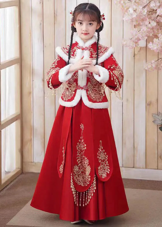 Style Red Embroideried Tassel Coats and Long Skirts Two Piece Set Long Sleeve