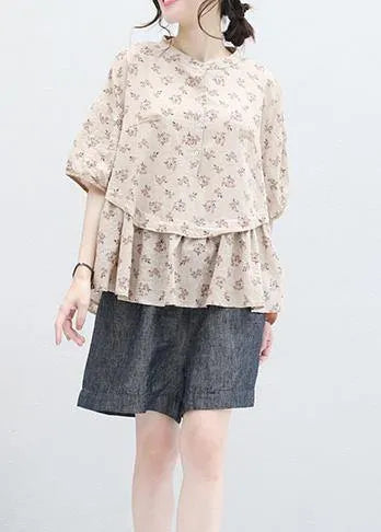 Stand Collar Nude Prints Linen Top Silhouette Design Half Sleeve Blouses Summer