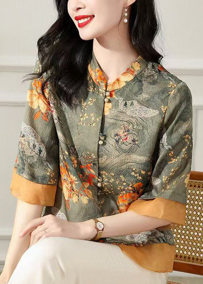 Green Stand Collar Print Silk Tops Bracelet Sleeve