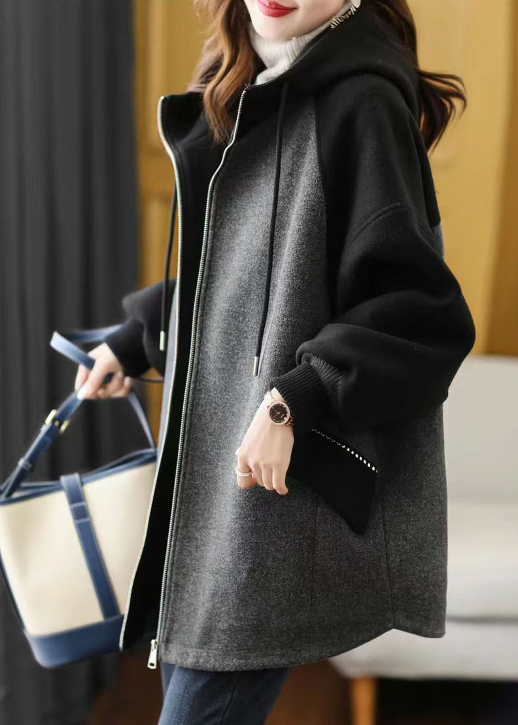Grey Zip Up Pockets Patchwork Fine Cotton Filled Hooded Coat Fall