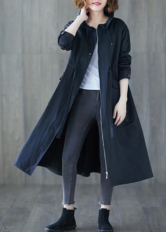 Fall Navy Ruffled Drawstring Zippered Coats