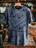 Dark blue Retro National Floral Patchwork Vintage Art Print Casual T-s