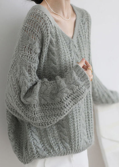 Grey Green Ma Hai Mao Cable Knit Sweaters Hollow Out Spring