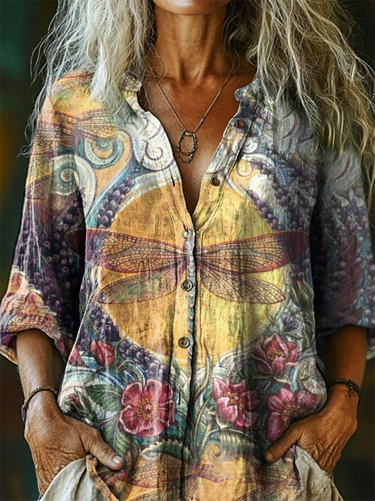Women's Vintage Floral Dragonfly Pattern Art Print Linen Cotton Casual