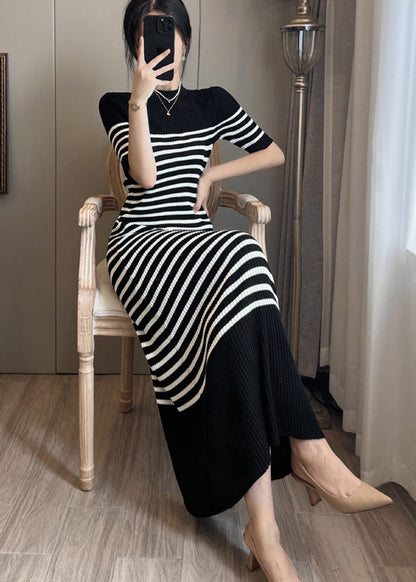 Black Stand Collar Striped Knit Straight Dress Summer