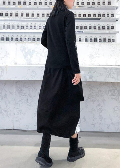 Black Print Cotton Skirt Pockets Short Dress
