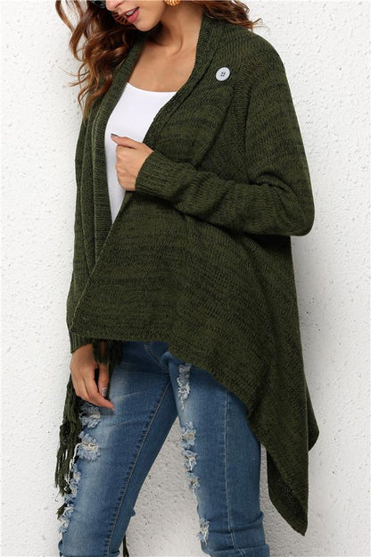 Tassel Asymmetrical Hem Shawl Speckled Fringe Cardigan - Khaki