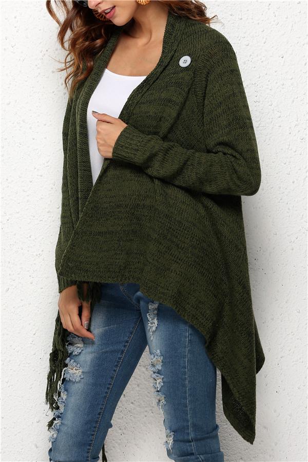 Tassel Asymmetrical Hem Shawl Speckled Fringe Cardigan - Khaki