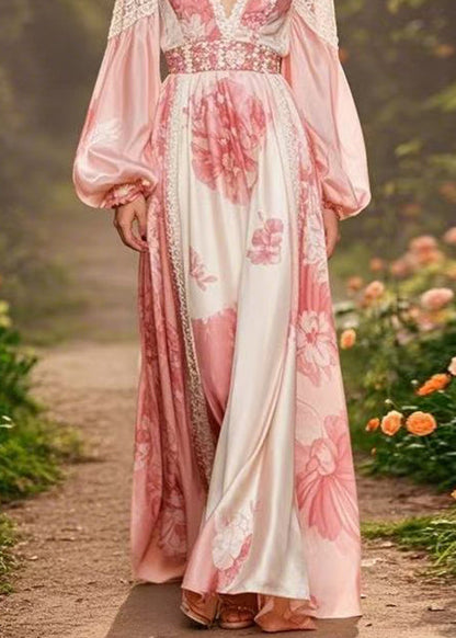 Pink V Neck Print Silk Long Dresses Lantern Sleeve