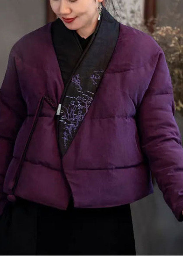 Pink Purple Embroidered Patchwork Duck Down Puffers Coats Winter
