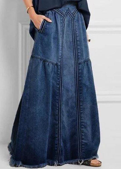 Distressed Color Elastic Waist Loose Denim Skirt With Pocket