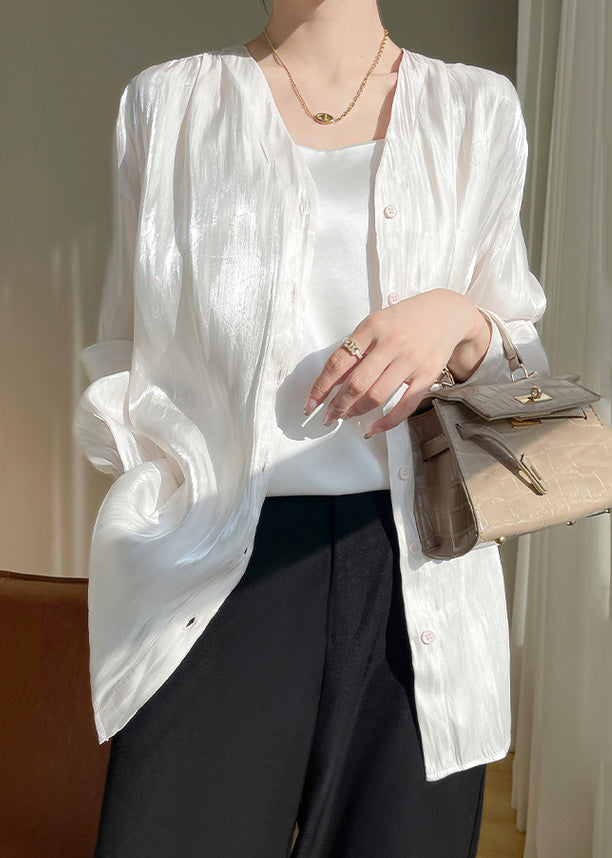 Simple White Button Silk Shirts Fall
