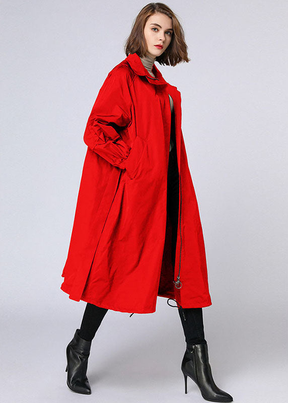 Red Zippered Tie Waist Pockets Fall Long Coat
