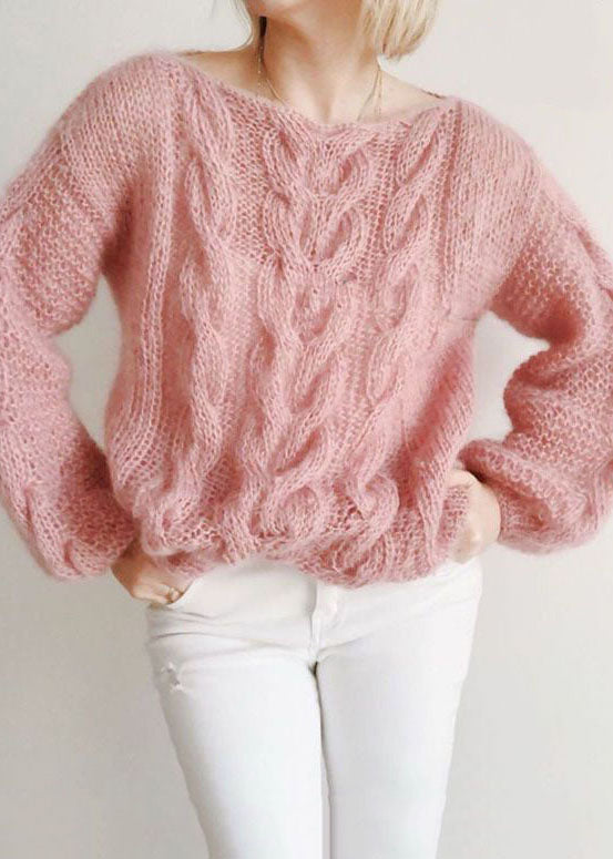 Pink Slash Neck Hollow Out Knit Sweaters Winter