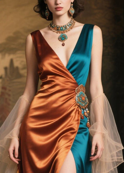Fine Caramel Asymmetrical Patchwork Side Open Silk Vestidos Dresses Summer
