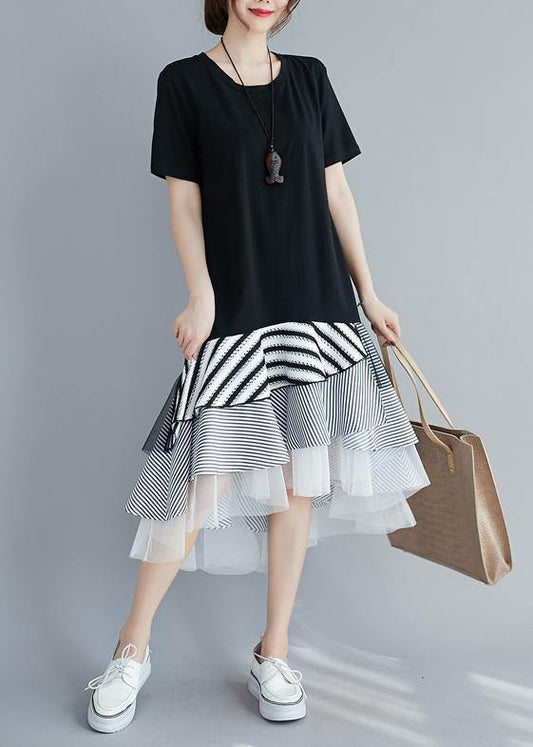 Loose Black Dress for O Neck Asymmetric Dress